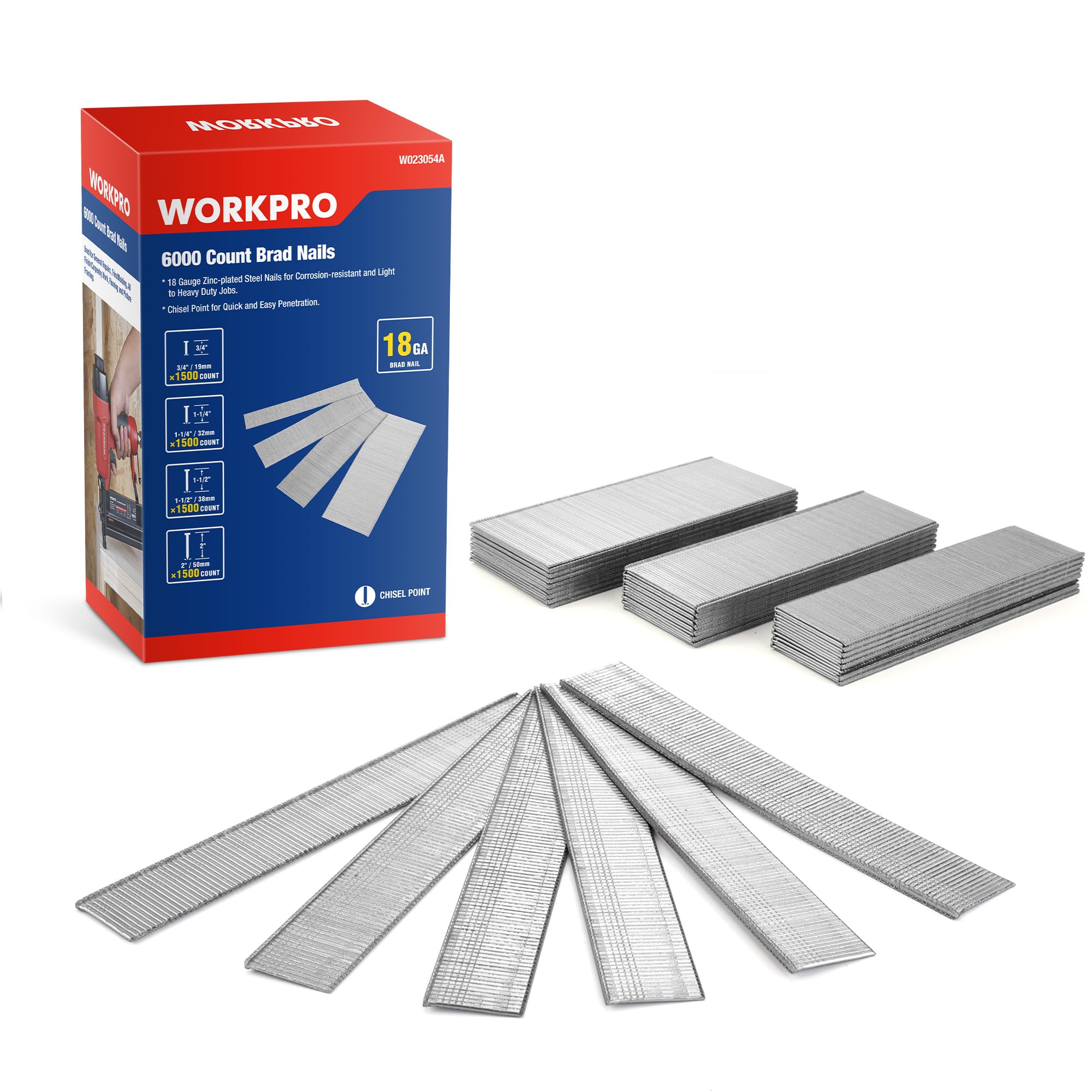 WORKPRO 18 Gauge Brad Nails, 2'',1-1/2'',1-1/4'', 3/4''Brad Nails | 6000 Count, 