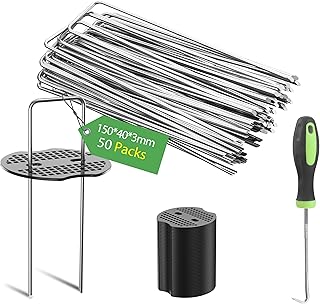 Graxury 50Packs 6 Inch Heavy Duty 11 Gauge Garden Pins Stakes with 50Packs Gasket - Galvanized Steel Staples Pegs for Securing Anchoring Weed Fabric Landscape,Netting and Tubing with 1 Pick Hook