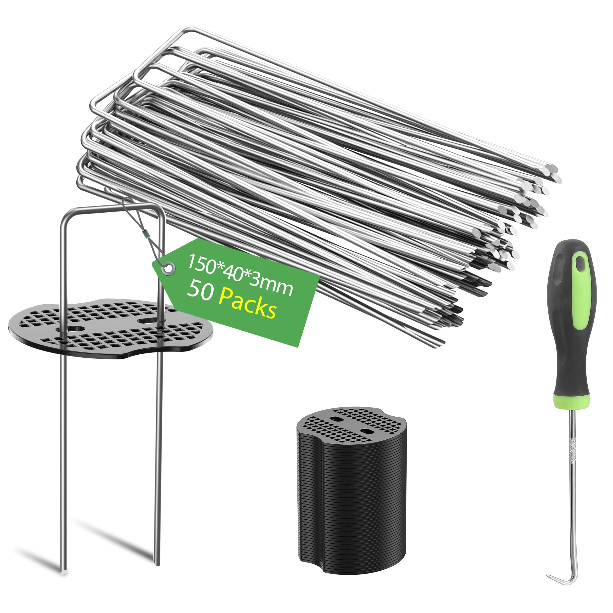 Graxury 50Packs 6 Inch Heavy Duty 11 Gauge Garden Pins Stakes with 50Packs Gaske