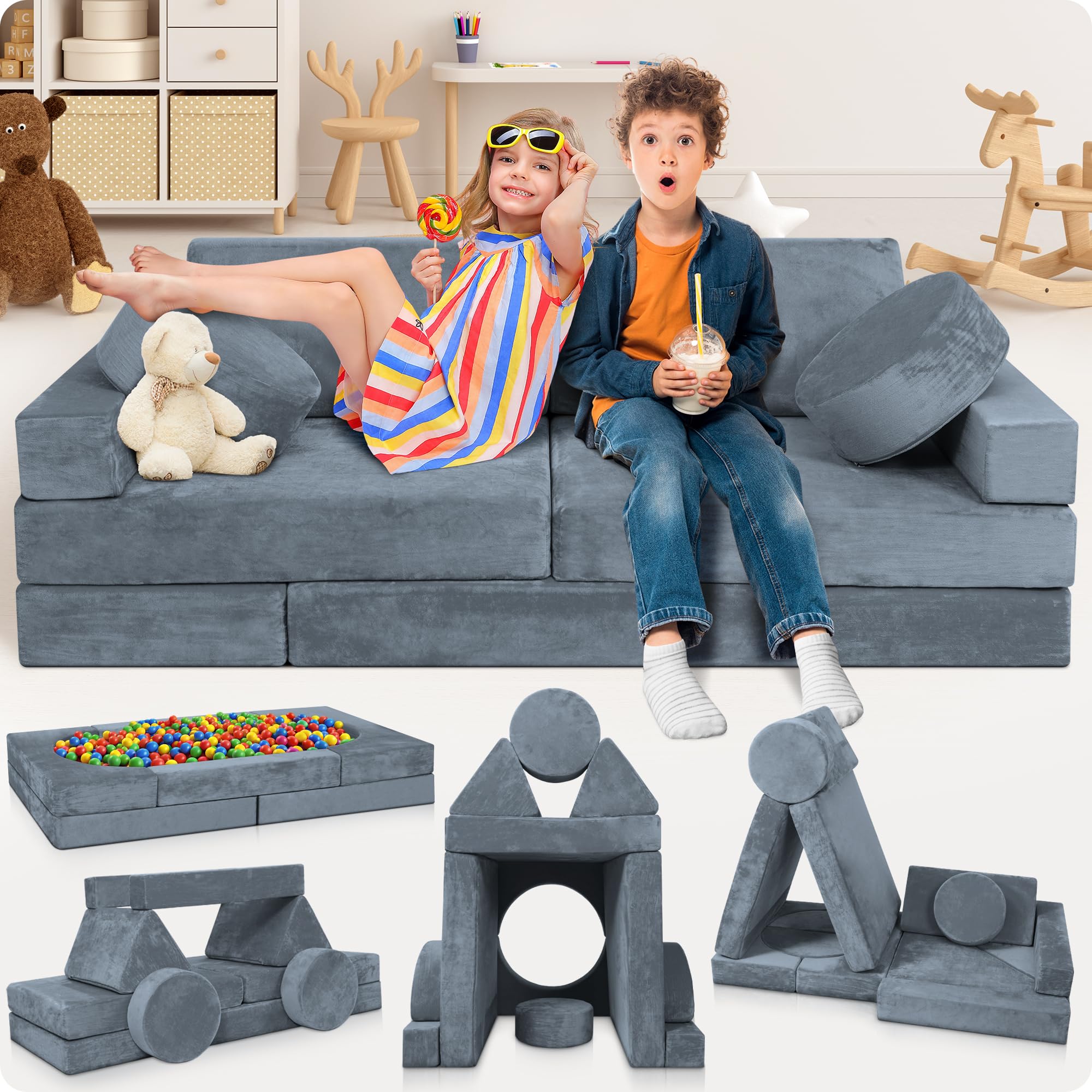 Lunix Modular Kids Play Couch, 14-Piece Sectional Sofa | Playroom furniture for 