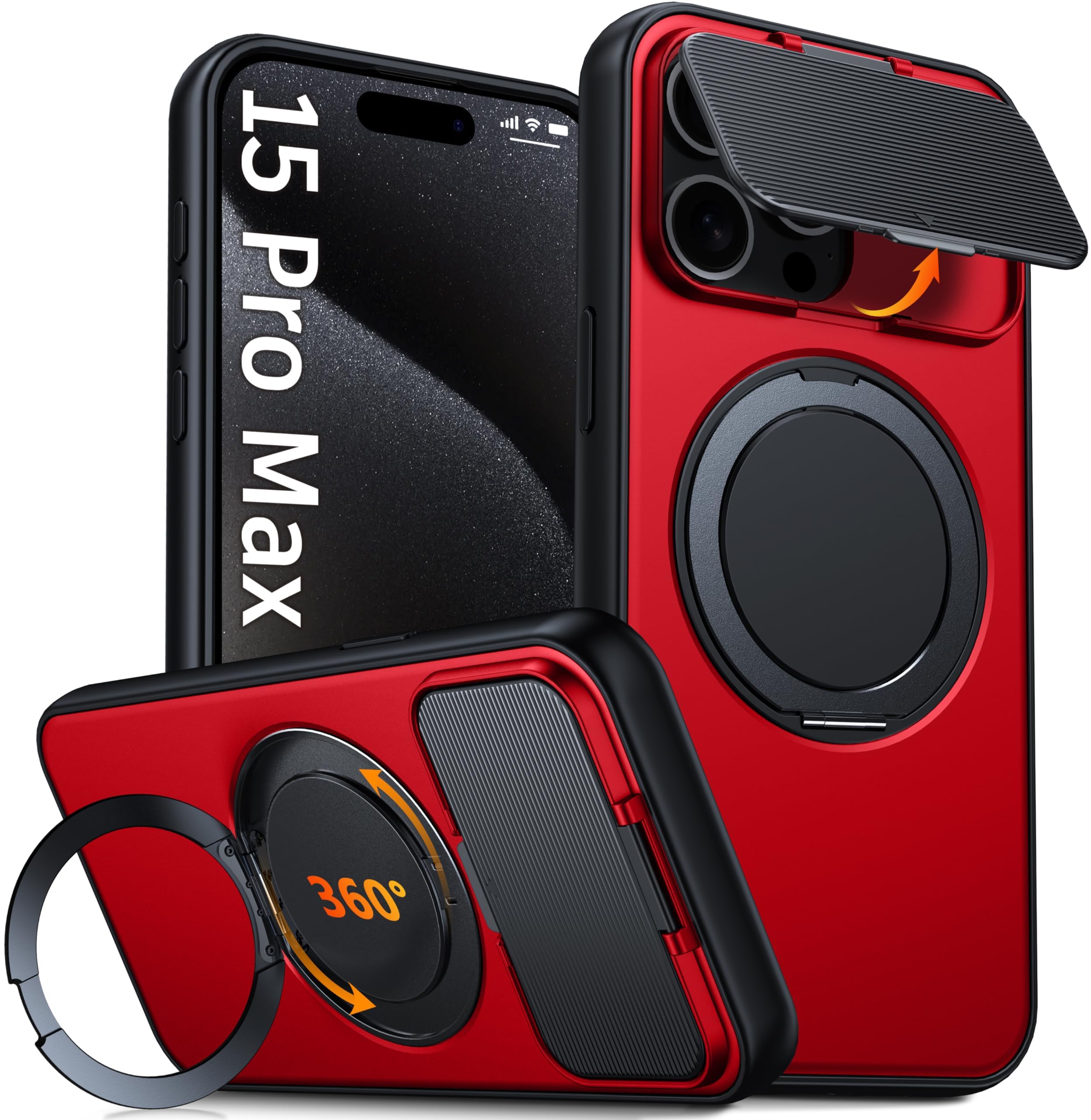 Oterkin for iPhone 15 Pro Max Case with 360°Spin Stand，Flip-Up Camera Cover