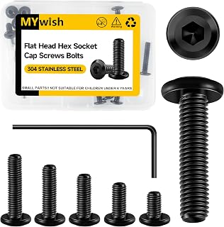 Mywish M6 Bolts x 12/16/20/25/30mm 25Pcs Flat Head Hex Socket Cap Screws Bolts Assortment Kit, 304 Stainless Steel Furniture Bolts, Black Oxide & Hex Spanner