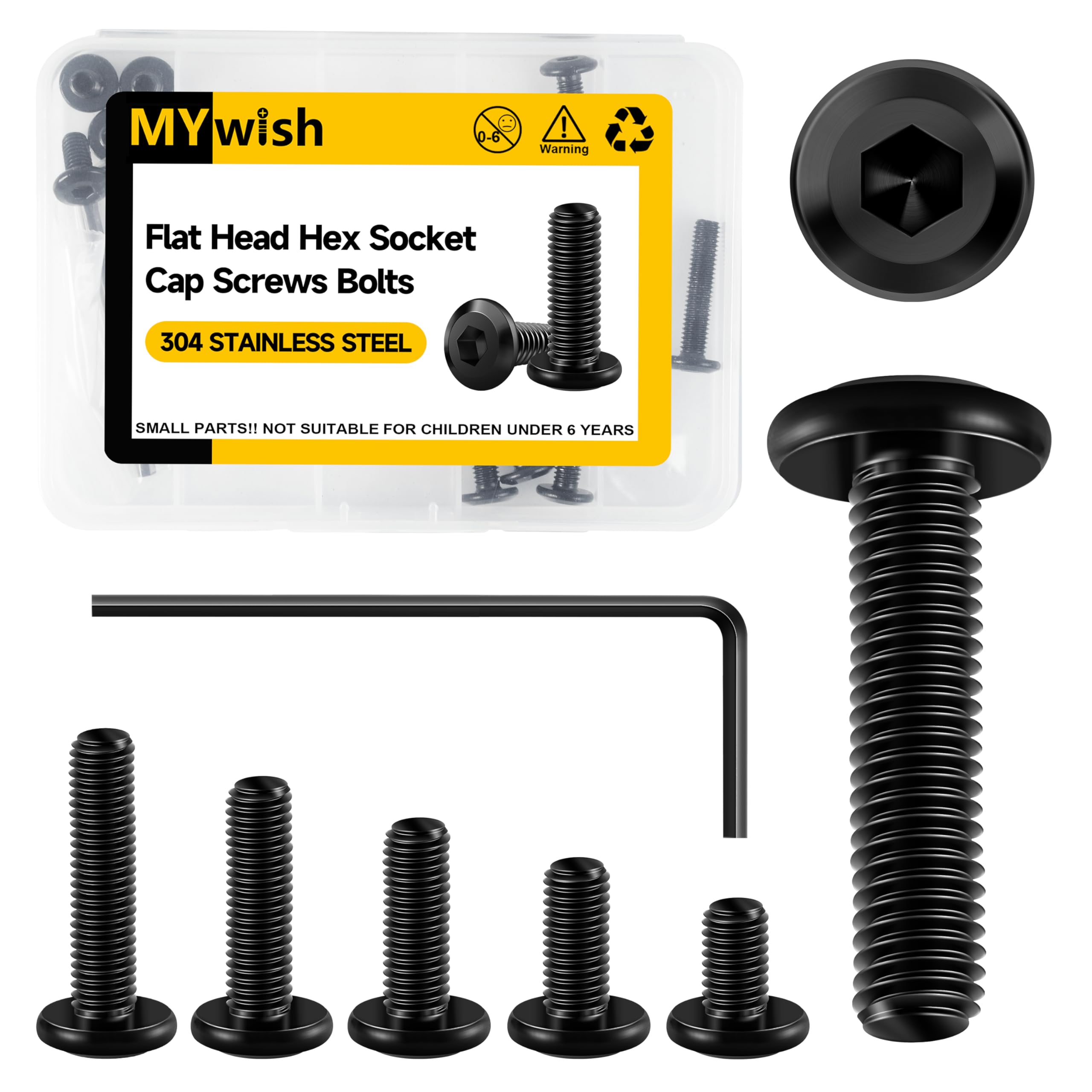 Mywish M6 Bolts x 12/16/20/25/30mm 25Pcs Flat Head Hex Socket Cap Screws Bolts A