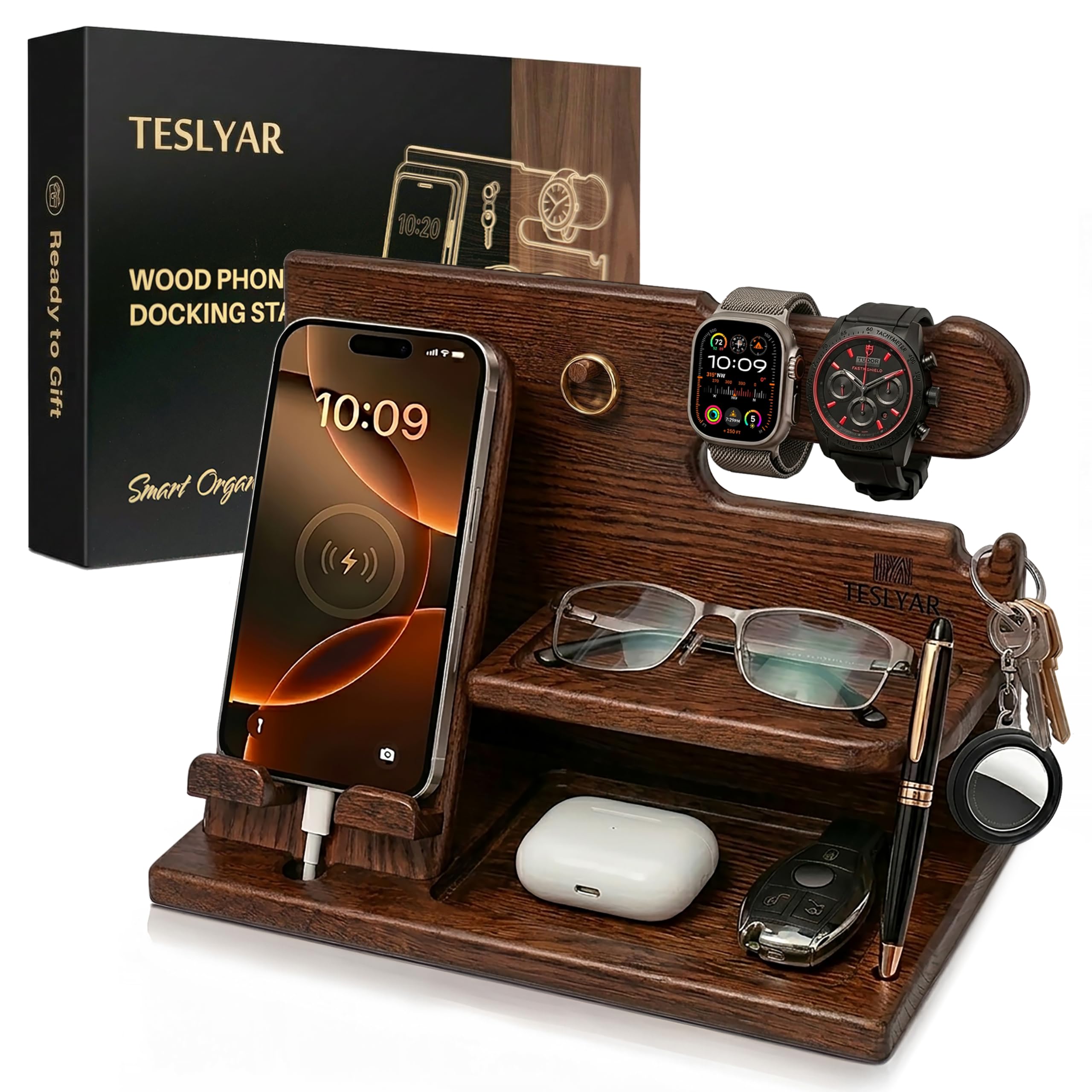 TESLYAR Wood Phone Docking Station for Men - Desk or Nightstand Organizer - Birt