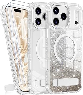 JAME for iPhone 17 Pro Max Case with Invisible Stand, 2 Screen Protectors, Compatible with MagSafe, Anti-Yellowing Clear Glitter Girly Shockproof Protective 17 Pro Max Case Cute for Women Girls,Silver