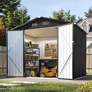 Aoxun 8x6ft Metal Garden Shed, Large Outdoor Tool Storage, Black | Gable Roof, 4 Air Vents, Key Lock Door, Anti Rust Coating, Weatherproof, Easy Install, for Backyard Patio Bike Use