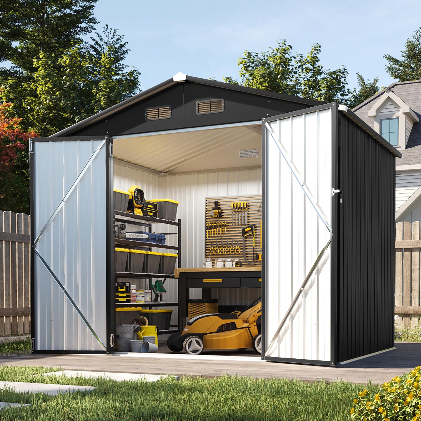 Aoxun 8x6ft Metal Garden Shed, Large Outdoor Tool Storage, Black | Gable Roof, 4