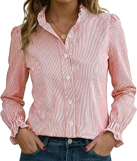 Funlingo Women's Striped Button Down Shirts Long Sleeve Smocked Cuffed Ruffle Collar Blouses Spring Work Business Casual Tops