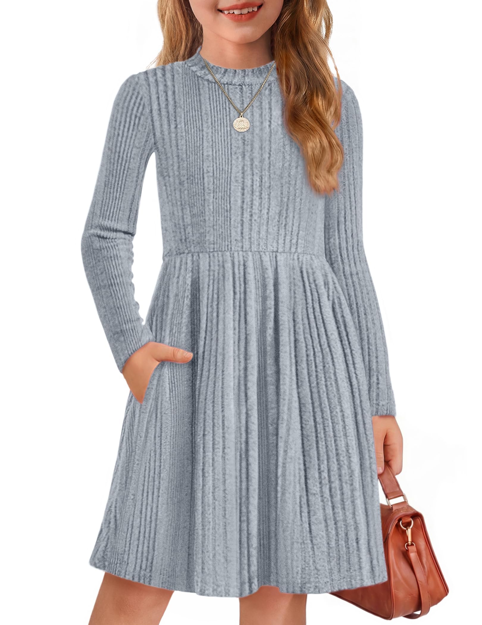 Arshiner Girls Dresses Long Sleeve A Line Knit Sweater Dress with Pockets
