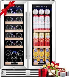 BODEGA 24 Inch Wine and Beverage Refrigerator, Dual Zone Wine and Bar Beverage Cooler, Commercial Black Bar Cooler With 2 Glass Doors, Bar Fridge Hold 19 Bottles and 57 Cans,Built-In or Freestanding.