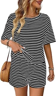 Striped knit 2 piece outfits for women: relaxed short sleeve crew neck top and elastic waist shorts set