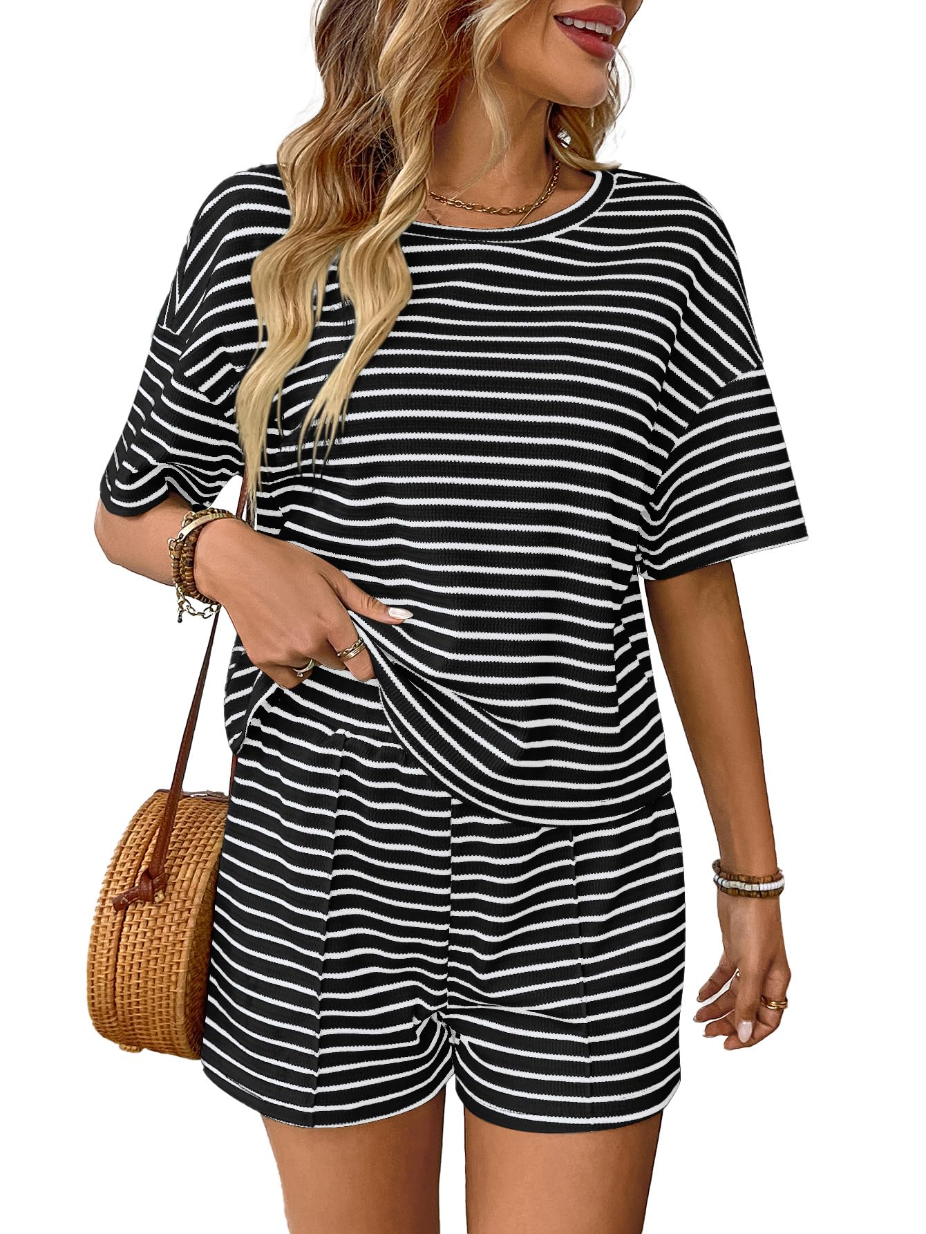 Striped knit 2 piece outfits for women: relaxed short sleeve crew neck top and e