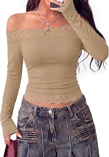 PRETTYGARDEN Schulterfreies Damen-Top, Spitze, niedlich, langärmelig, gerippt, schmale Passform, Y2K, zum Ausgehen, modische Kleidung