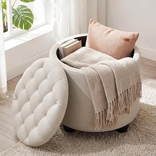 Storage Ottoman, 48cm Round Footstool with Padded Seat and Removable Lid, Button Tufted Ottoman Storage Box with Sturdy Legs for Living Room, Bedroom, Dining Room, Linen, Beige