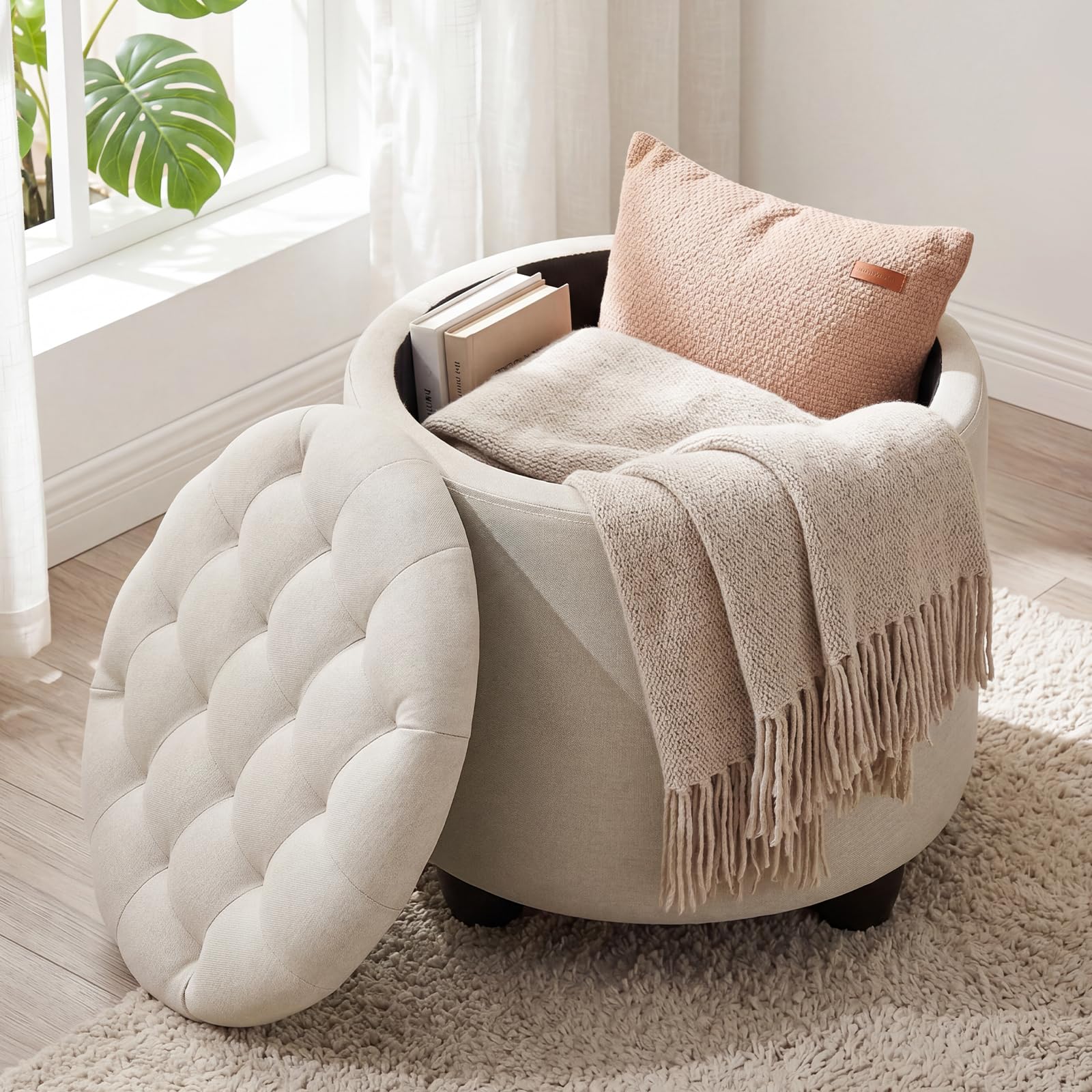 Storage Ottoman, 48cm Round Footstool with Padded Seat and Removable Lid, Button