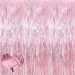 4 Pack Pink Fringe Curtain Backdrop, 3.2Ft x 8.2Ft Metallic Tinsel Foil Fringe Streamers Background for Photo Booth Birthday Wedding Baby Shower Carnival Easter Mother’s Day Party Decorations