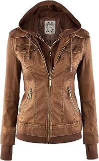 Made By Johnny Faux Leather Jacket Women Motorcycle Coat for Biker with Removable Hood