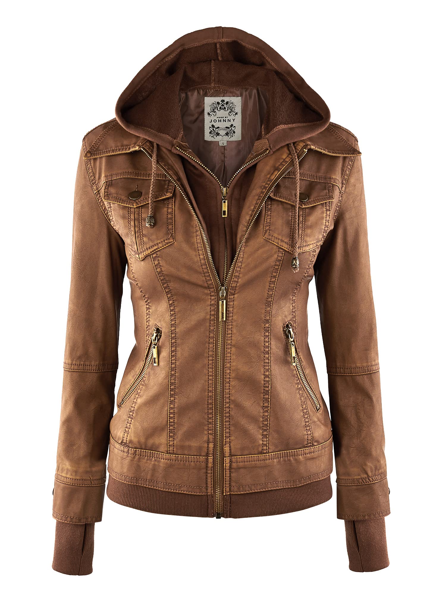 Made By Johnny Faux Leather Jacket Women Motorcycle Coat for Biker with Removabl