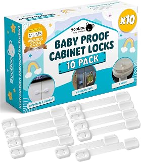 BooBoo Baby 10 Pack Premium Child Locks for Kitchen Cupboards | Award-Winning UK Babyproofing Brand - No Drilling, Extra Strong Adhesive + 4 Extra Stickers