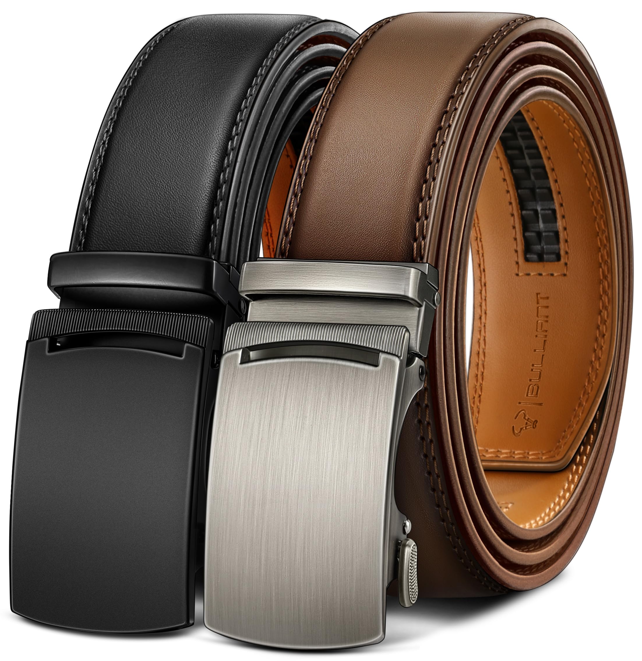 BULLIANT Belt 2 Pieces, Men's Leather Belt Automatic Ratchet Buckle, 35 mm Adjus