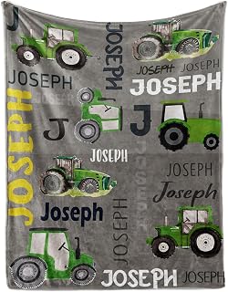 Personalized Tractors Blanket - Custom Name with Farm Tractor Trucks Design - Soft Plush Minky Flannel Bed Blanket for Baby Kid Teen Boys Girls Customized Gifts Grey