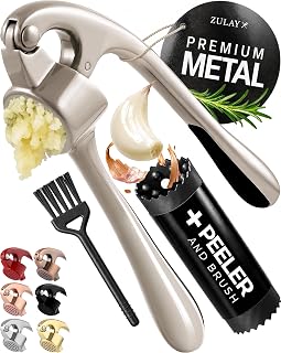 Zulay Kitchen Metal Garlic Press Garlic Mincer Tool Stainless Steel, Silver | Rust Proof Garlic Crusher, Professional Garlic Smasher, Easy Squeeze and Clean, Soft Handle - Silicone Garlic Peeler & Brush