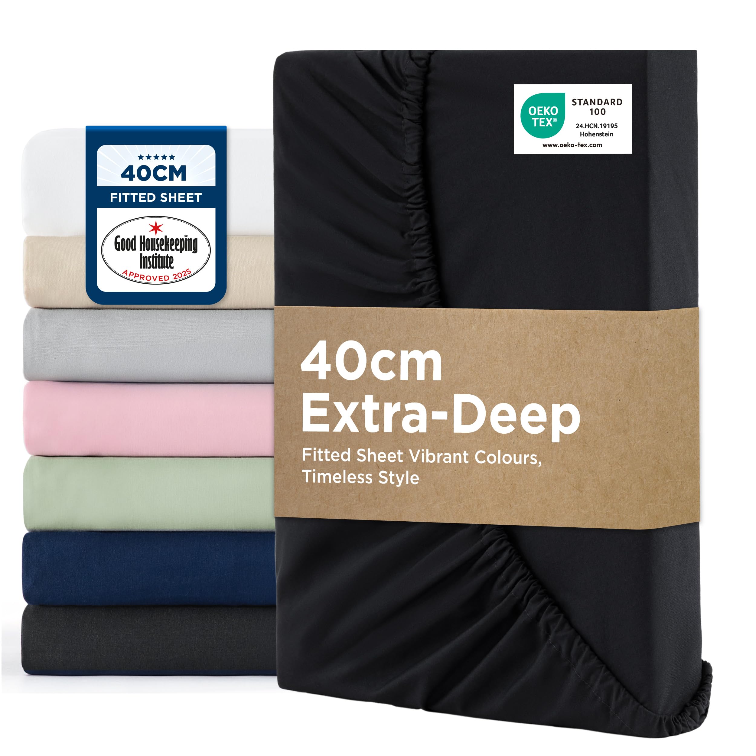 Bedsure Small Double Fitted Sheet - 40cm Pocket, Black, 122x190cm