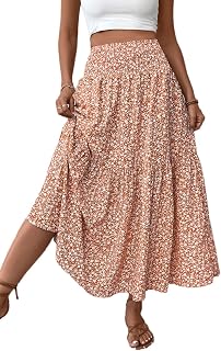 Women's Boho Maxi Skirt Floral Smocked High Waist Long Skirts with Pockets