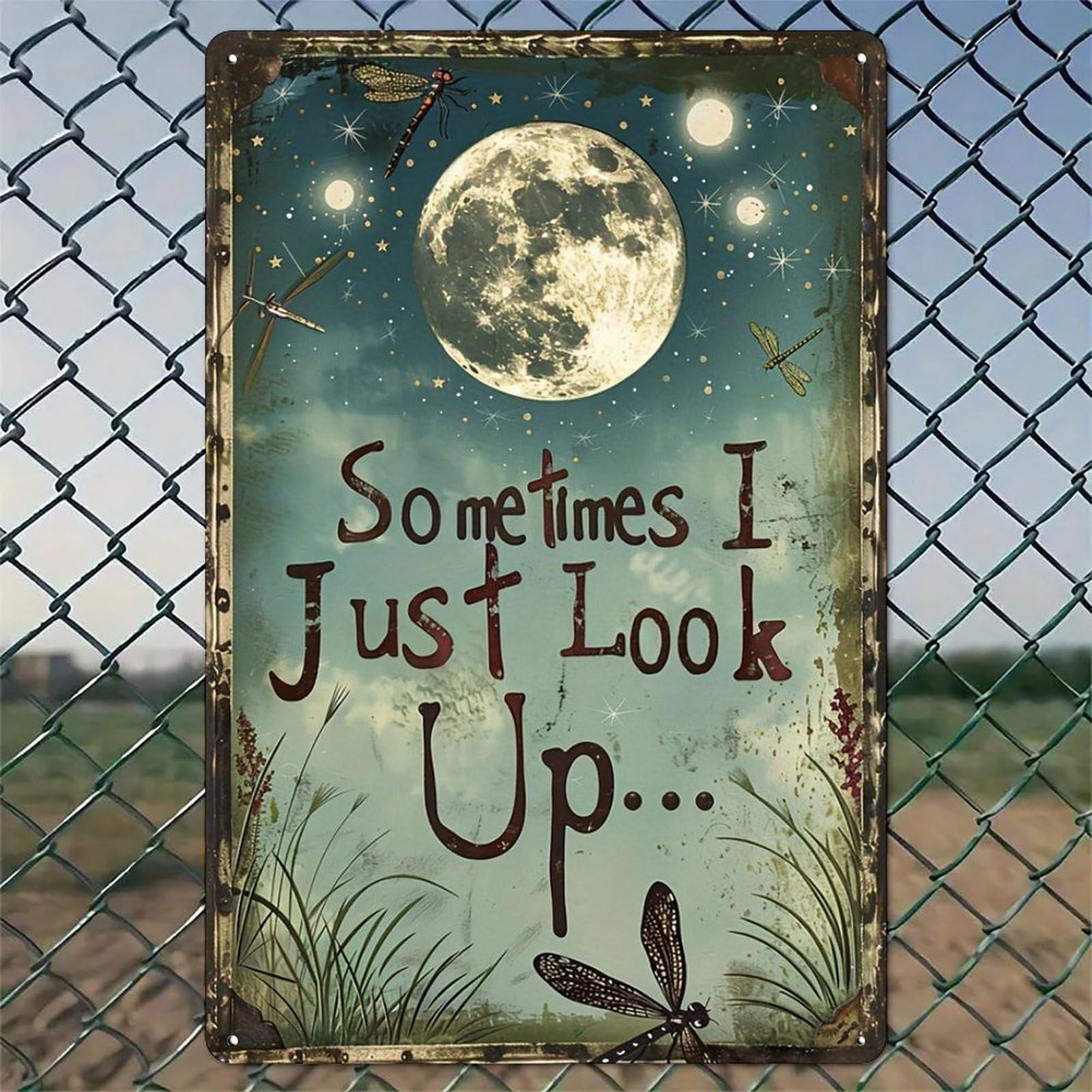 Sometimes I Just Look Up Moon Rustic Wall Sign Aluminum Metal Tin 8"x12" Vintage