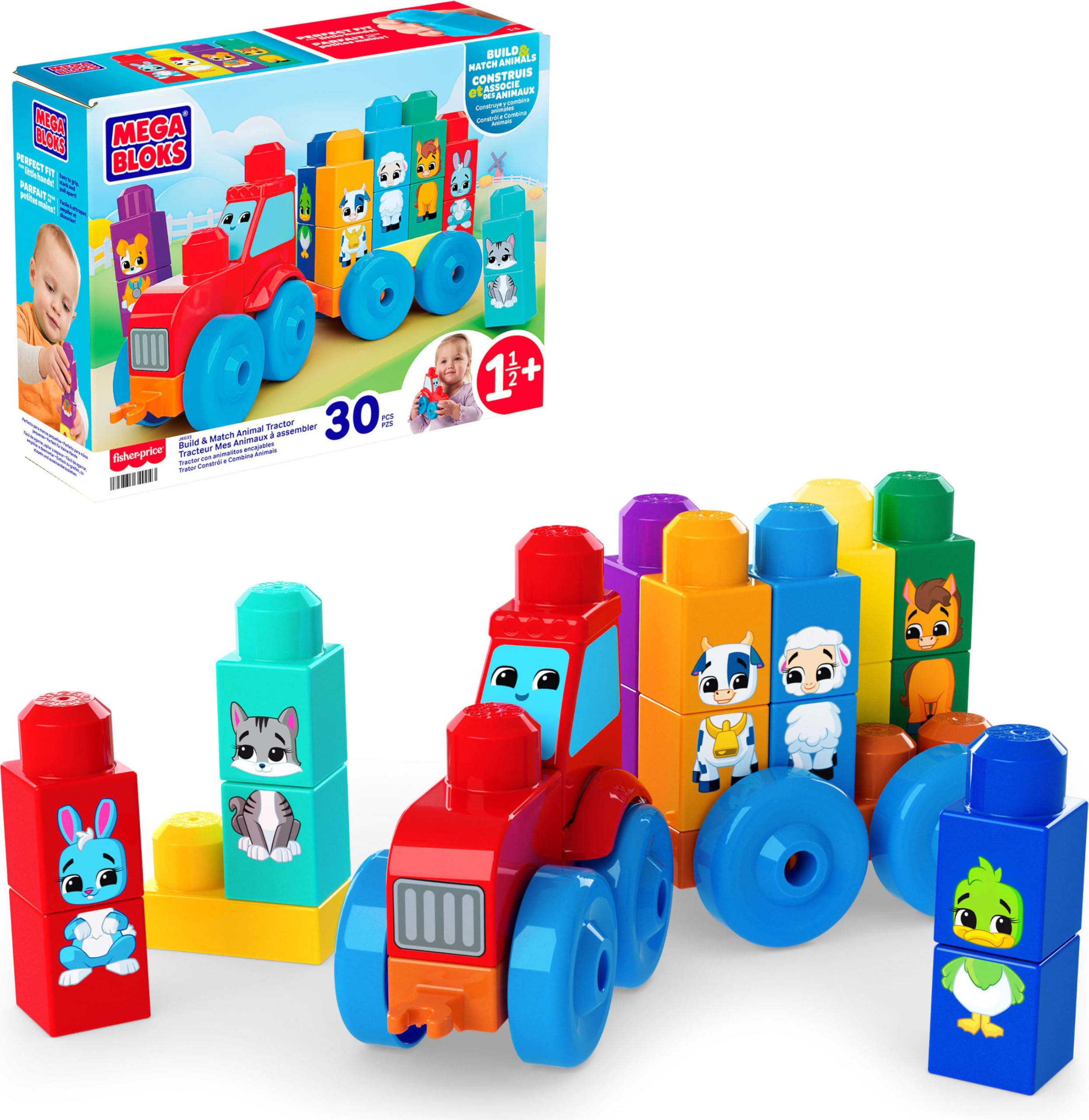 MEGA BLOKS First Builders Build & Match Animal Tractor Toddler Blocks Toy | 30 P