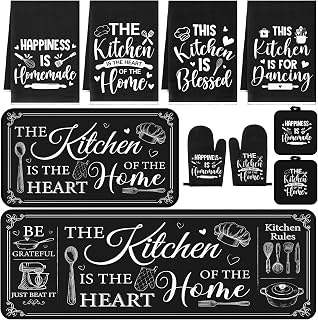 Fourluoo 10 Pcs Farmhouse Kitchen Decor and Accessories Set Black | Farmhouse Heart of Home Quotes, Includes Rugs Towels Pot Holders Mitts Set, for Cooking Baking Housewarming Gifts