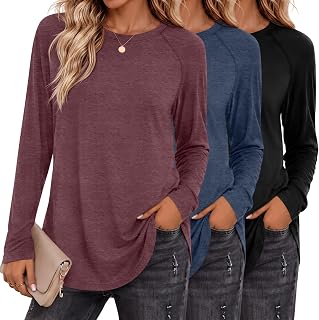 Ficerd Pack of 3 Women's Long Sleeve T-Shirt Crew Neck Raglan Sleeve Loose Fit Side Slits