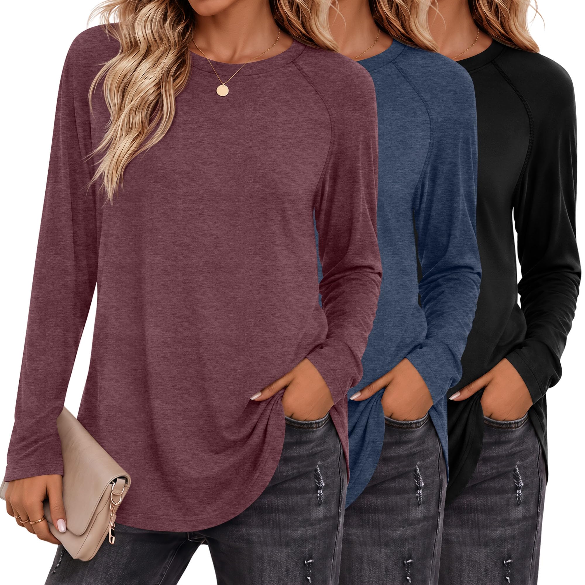 Ficerd Pack of 3 Women's Long Sleeve T-Shirt Crew Neck Raglan Sleeve Loose Fit S