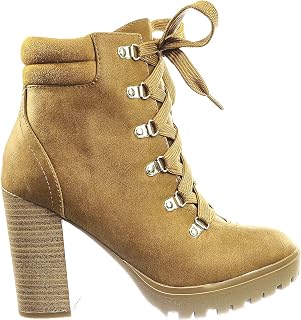 Soda Women's KORMAN Faux Leather Lace Up High Chunky Heel Ankle Booties