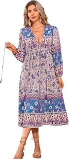 R.Vivimos Women's Long Sleeve Floral Print Retro V Neck Tassel Bohemian Midi Dresses