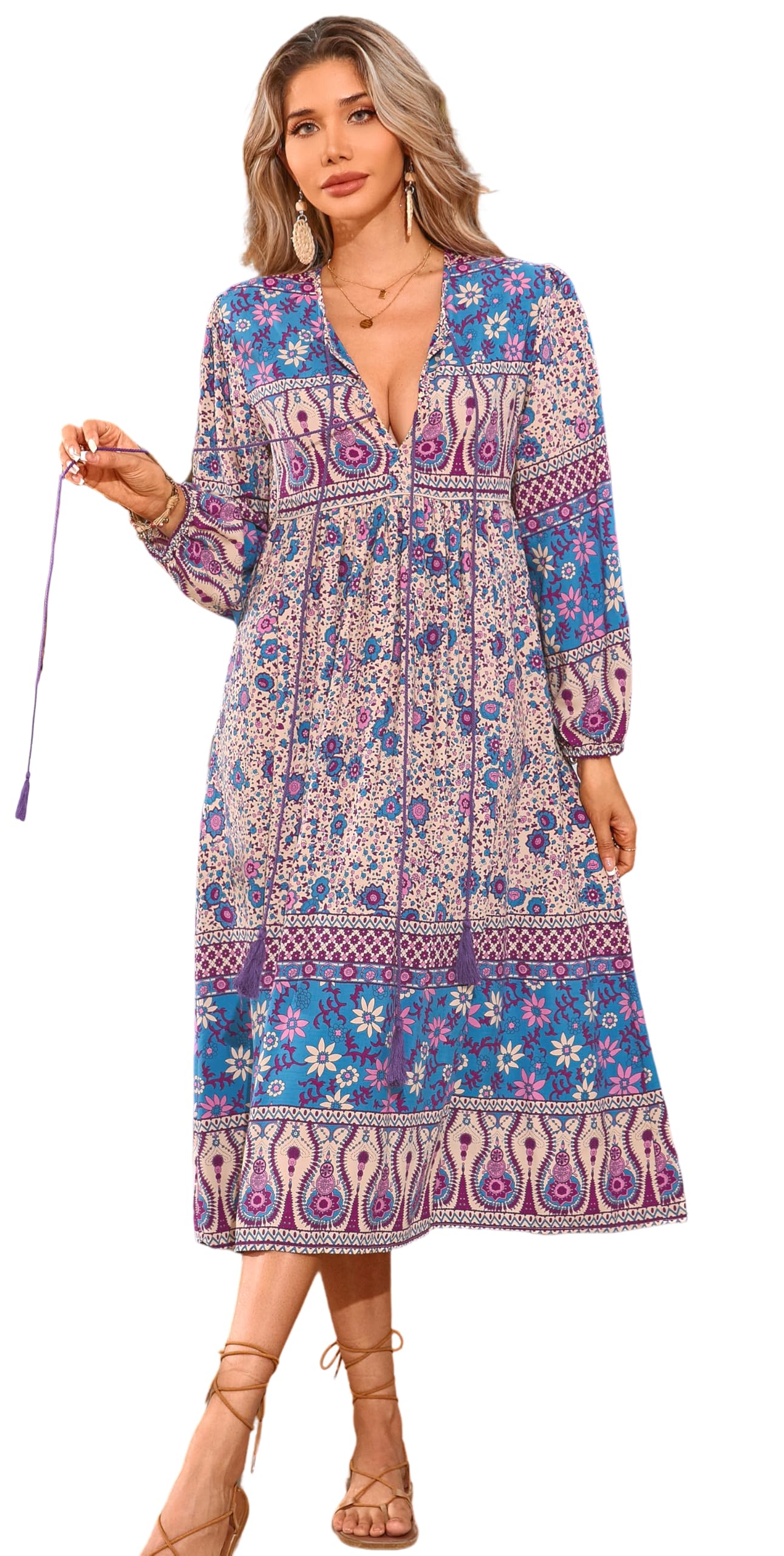 R.Vivimos Women's Long Sleeve Floral Print Retro V Neck Tassel Bohemian Midi Dre