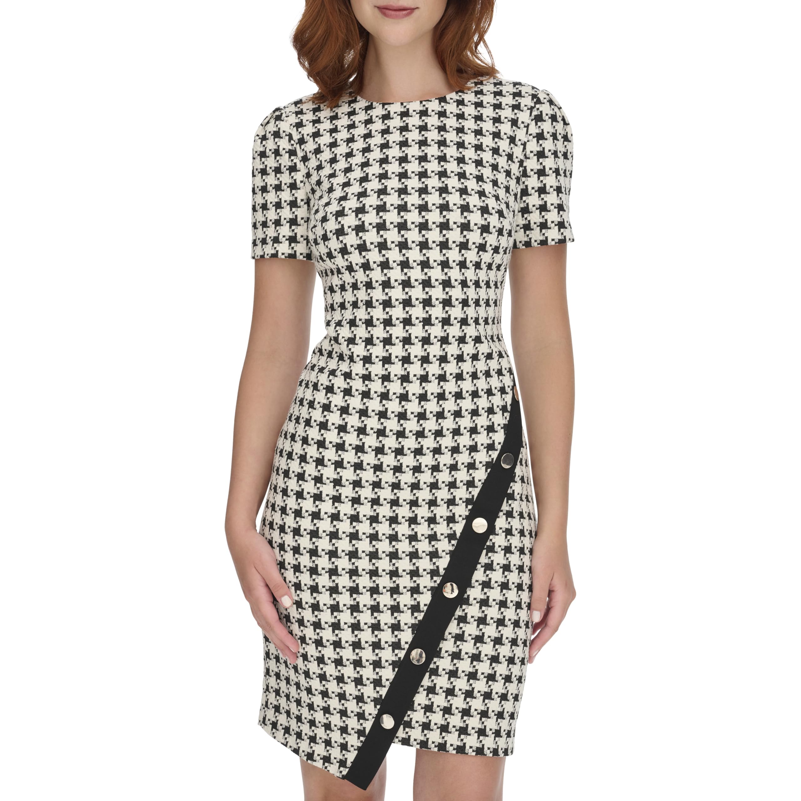 Tommy Hilfiger Women's Short Sleeve Jewel Neck Colorblock Studded Asymmetrical H