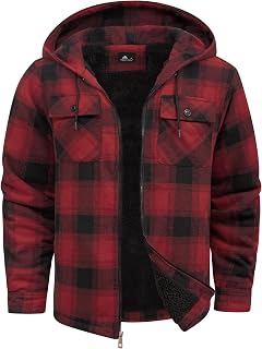 SCODI Mens Flannel Hooded Jacket Fleece Sherpa Lined Zip Up Plaid Hoodies