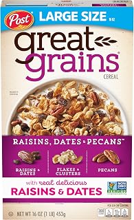 Great Grains Raisins Dates and Pecans Breakfast Cereal, Raisin Cereal with Sweet Dates and Granola Clusters, Non-GMO Project Verified, 16 OZ Box