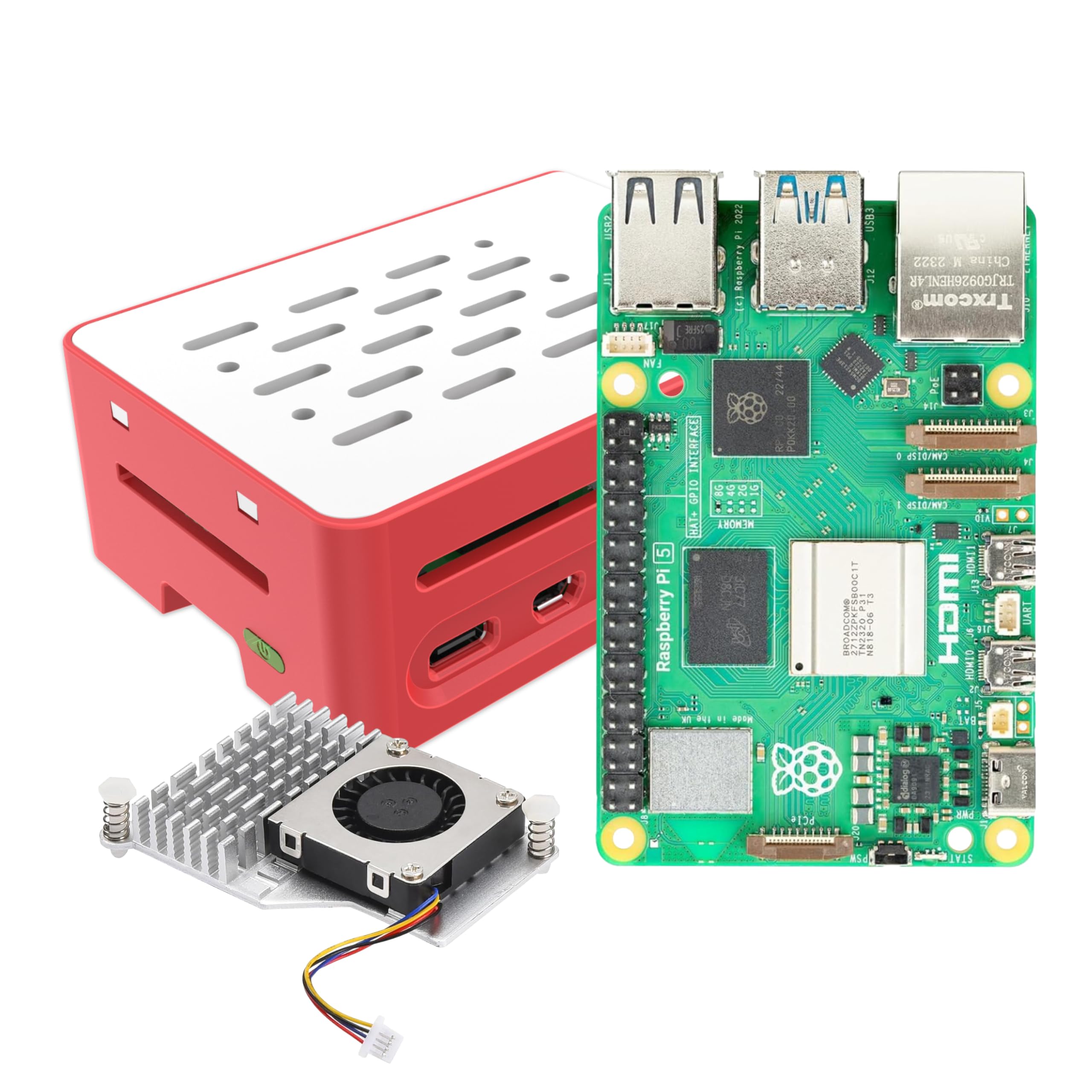 iRasptek basic kit for Raspberry Pi 5 8GB RAM with Red&White Case and Active Coo