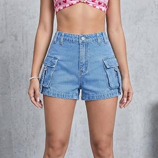 Women's High Waist Denim Shorts with Flap Pockets Casual Y2K Mini Cargo Denim Shorts