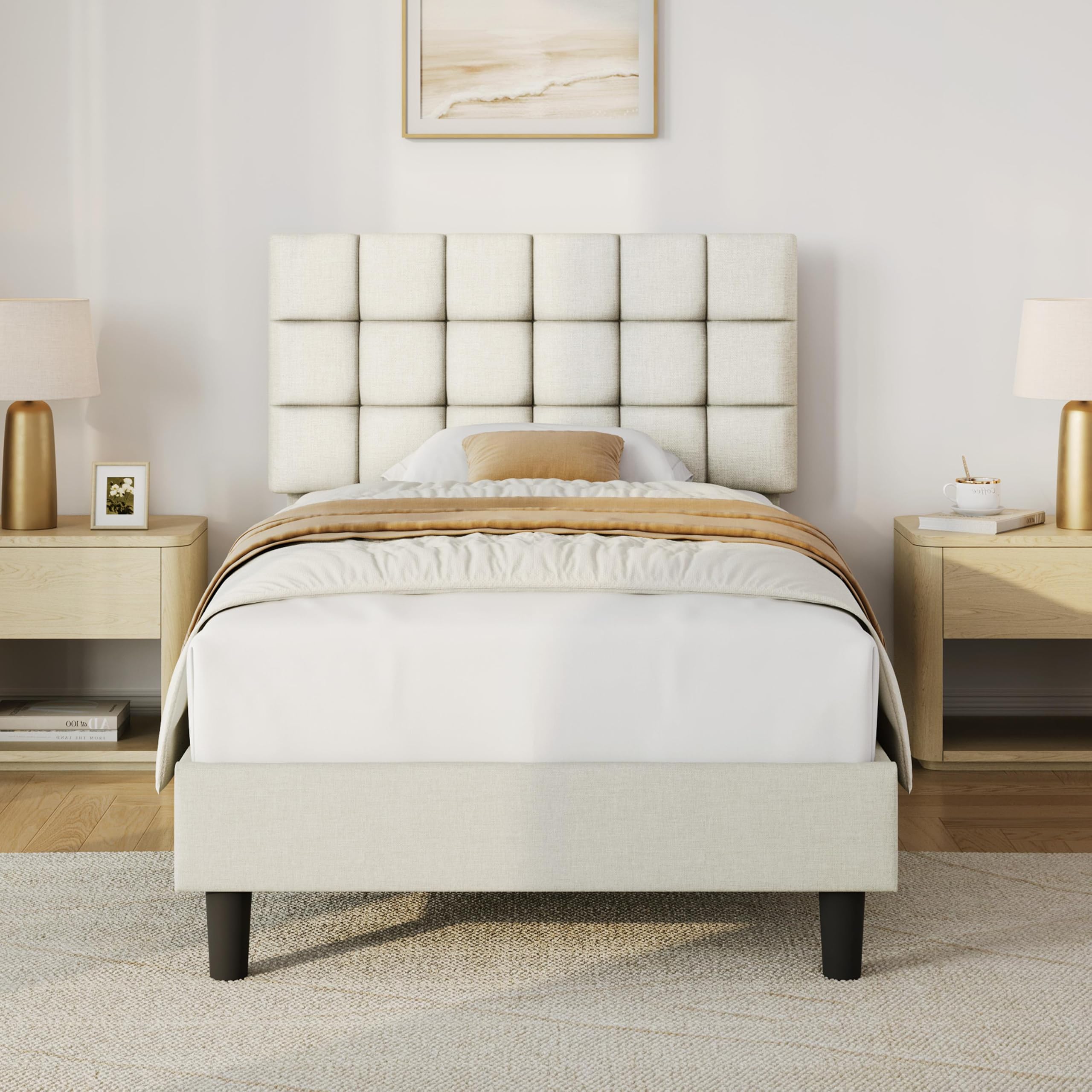 Yaheetech 3ft Single Bed Frame, Upholstered Headboard, Beige