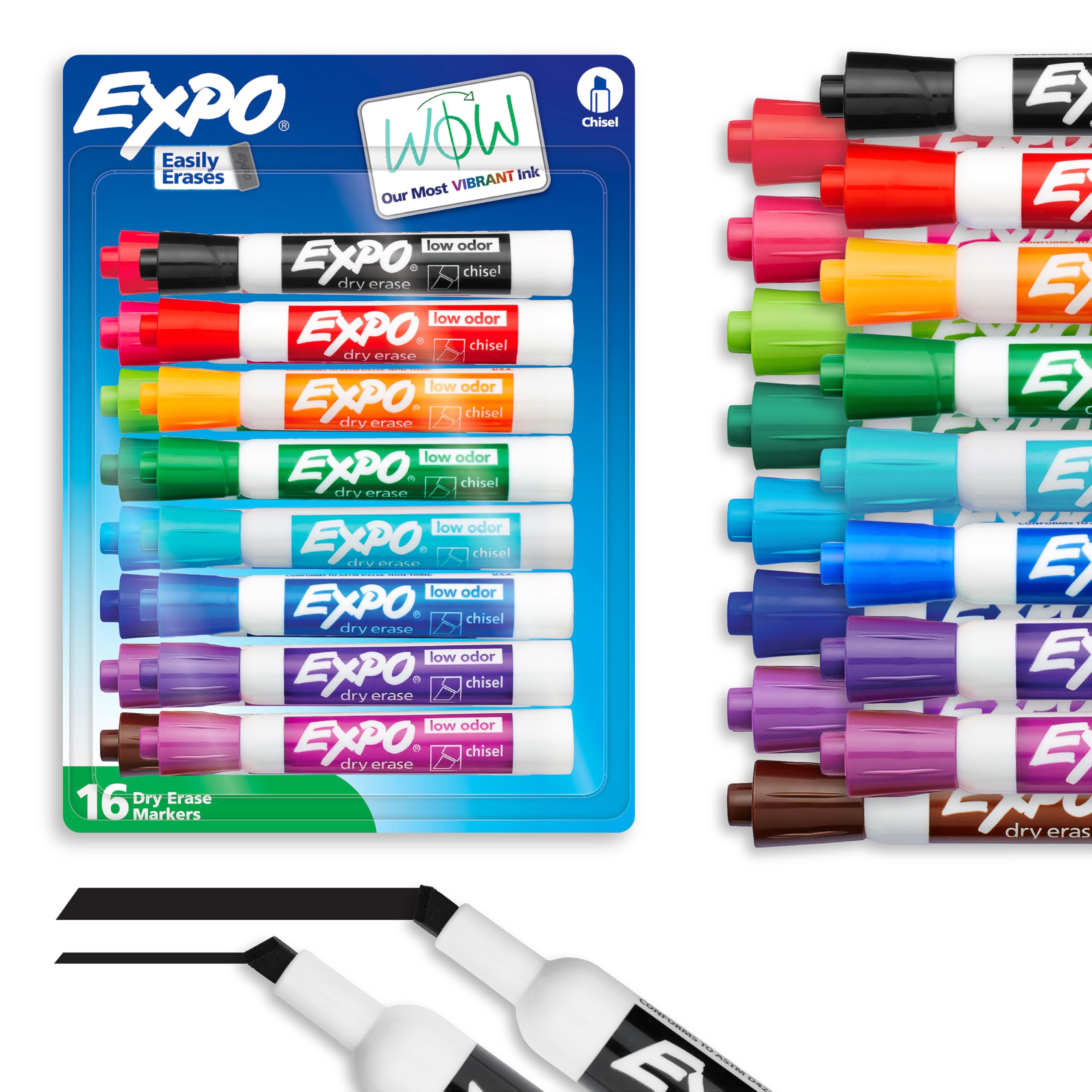 EXPO Dry Erase Markers, Low Odor Ink, Assorted Colors, Chisel Tip, 16 Count - Wh