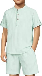 Arshiner Boys 2 Pieces Set Textured Henley Shirts & Shorts Set 4-12 Years