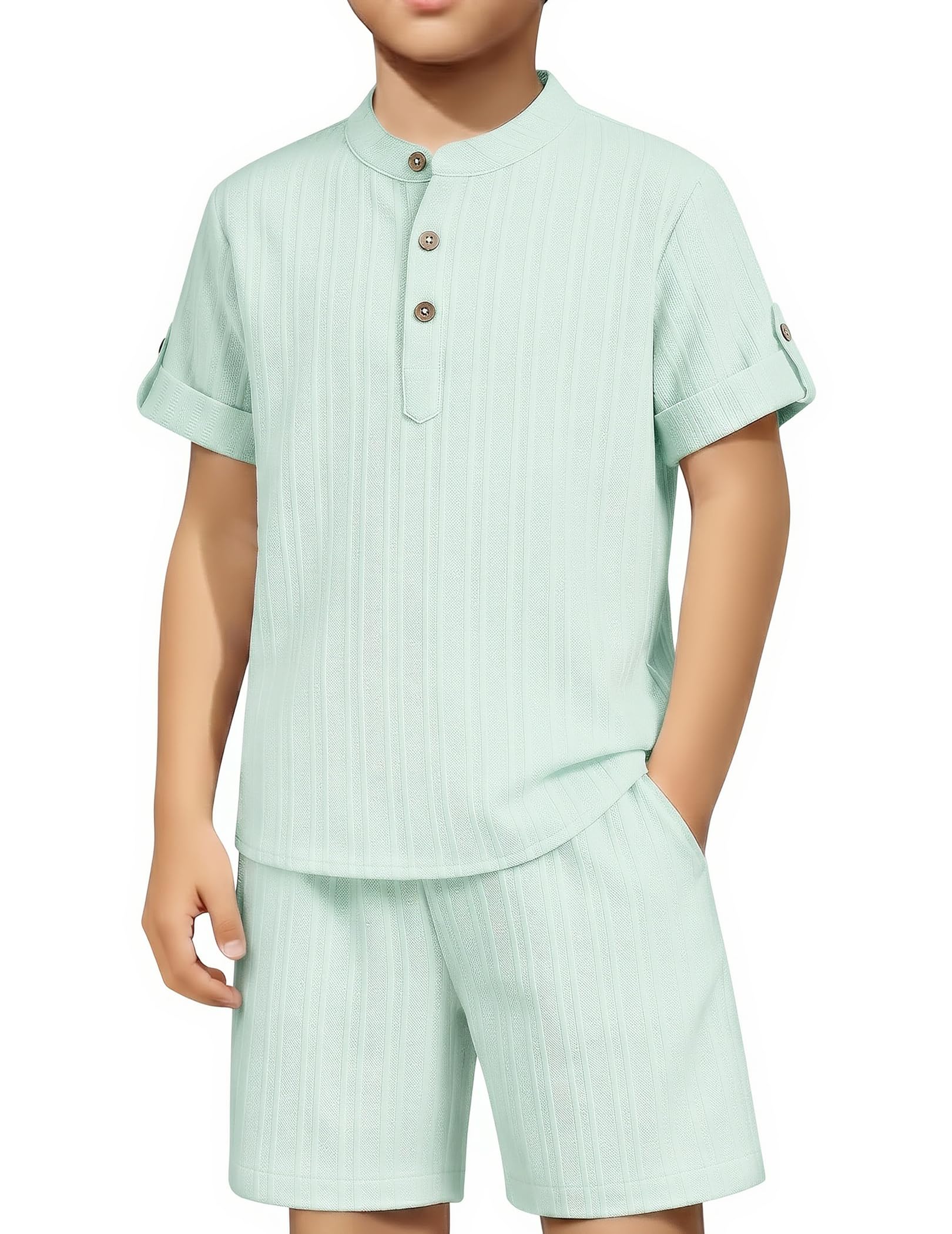 Arshiner Boys 2 Pieces Set Textured Henley Shirts & Shorts Set 4-12 Years
