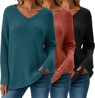 3 Pack Women's Long Sleeve Sweaters Ribbed Knit Tops