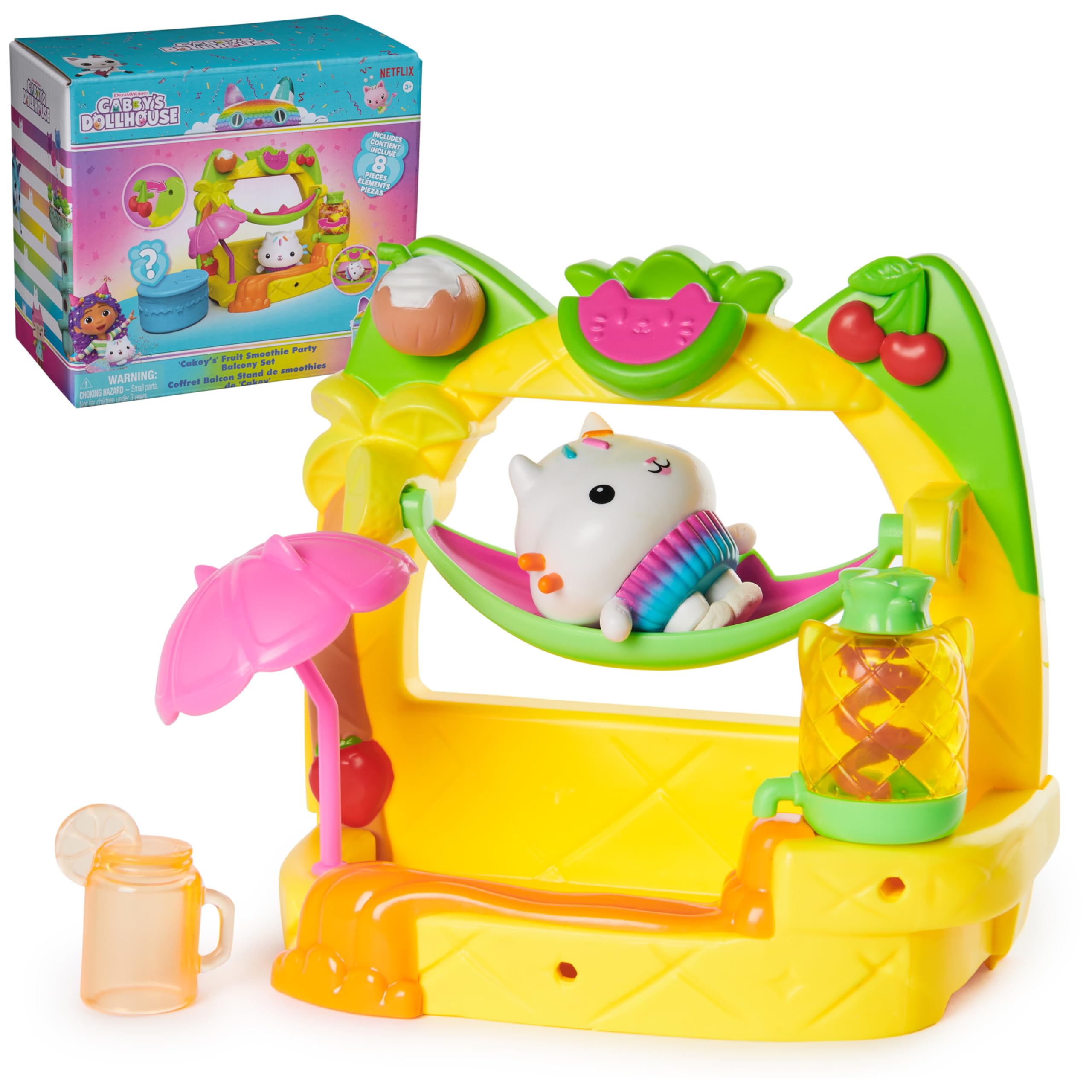 Gabby’s Dollhouse, Cakey’s Fruit Smoothie Balcony Playset, 8-Pcs with Toy Figure