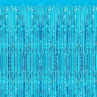 Shiny Light Blue Fringe Curtains - 2 Pieces 3.2 x 8.2 ft Blue Purple Metallic Tinsel Foil Streamer | Photo Booth Backdrop Props Birthday Decoration Wedding Bachelorette Party (Light Blue)
