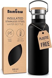 Bambaw 16 oz Stainless Steel Water Bottle, Metal Water Bottle Insulated, Easy to Clean & Carry, Great for Travel, School & Gym, Made of High-Grade Stainless Steel (Jet Black)
