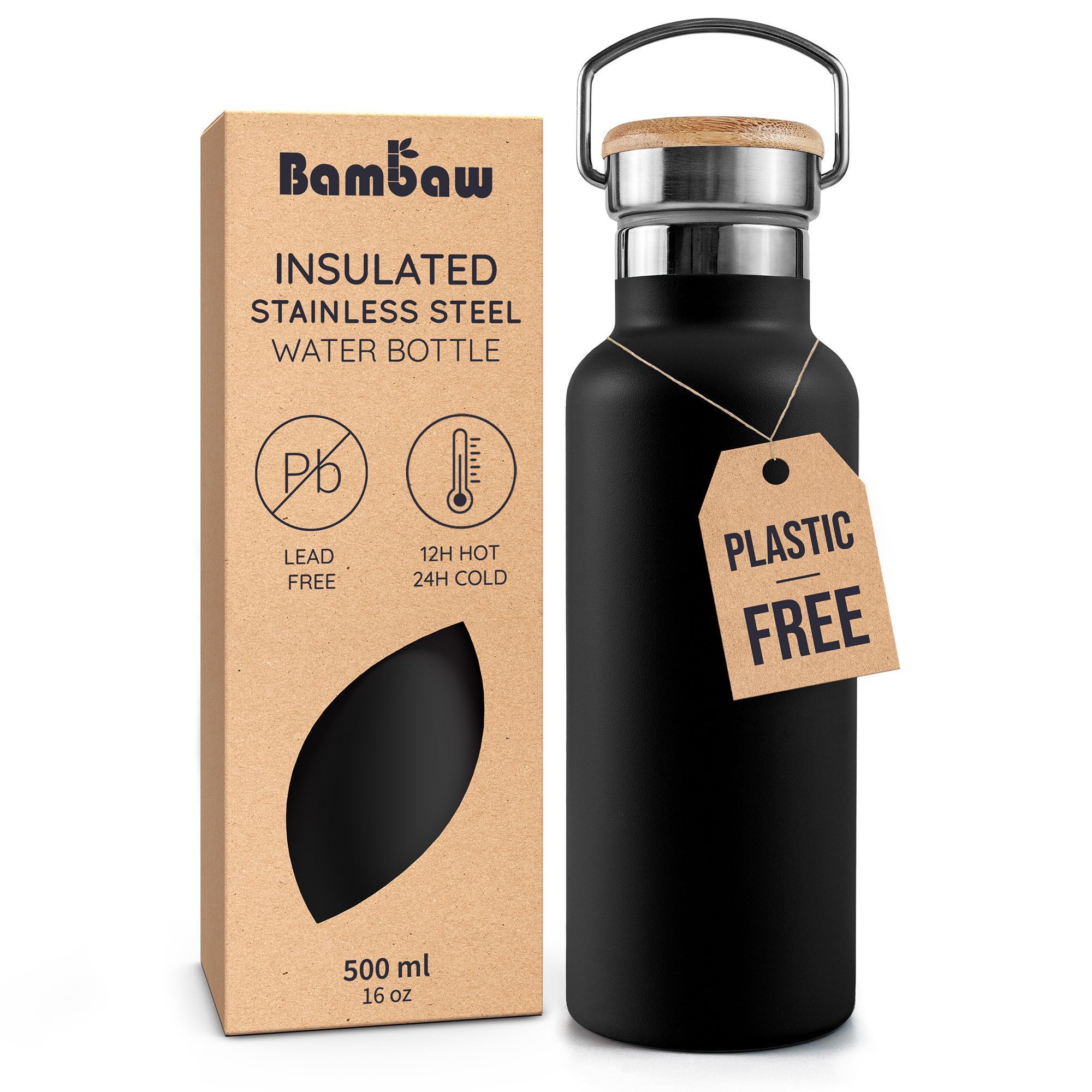 Bambaw 16 oz Stainless Steel Water Bottle, Metal Water Bottle Insulated, Easy to
